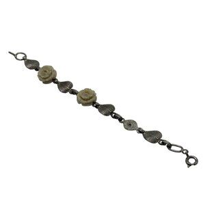 Vintage Silver Bracelet W/ leaf Links & Cream Rose Accents - 5.5" - Missing 1 Ro